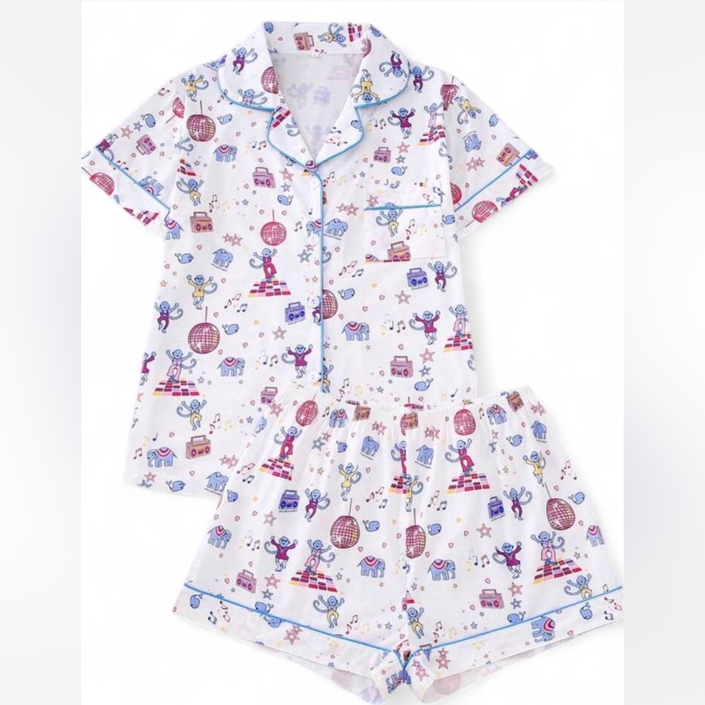 ROLLER RABBIT Pajama Set - White with Multicolor Print